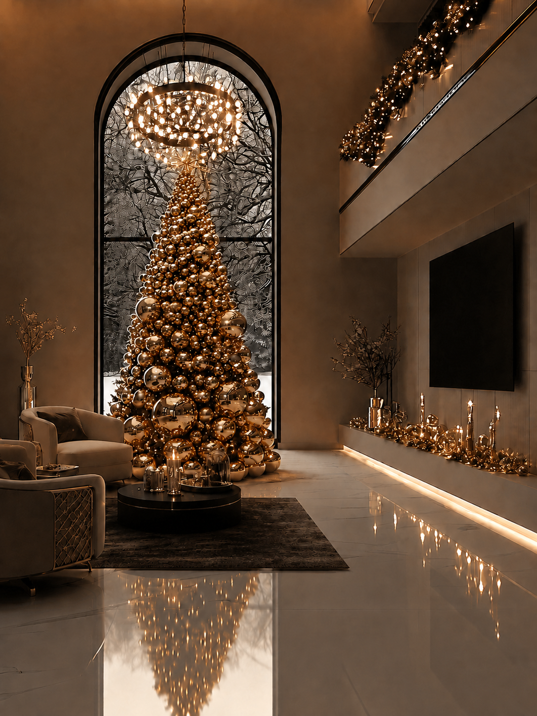 Gold Carolina Couture Christmas tree in an elegant interior